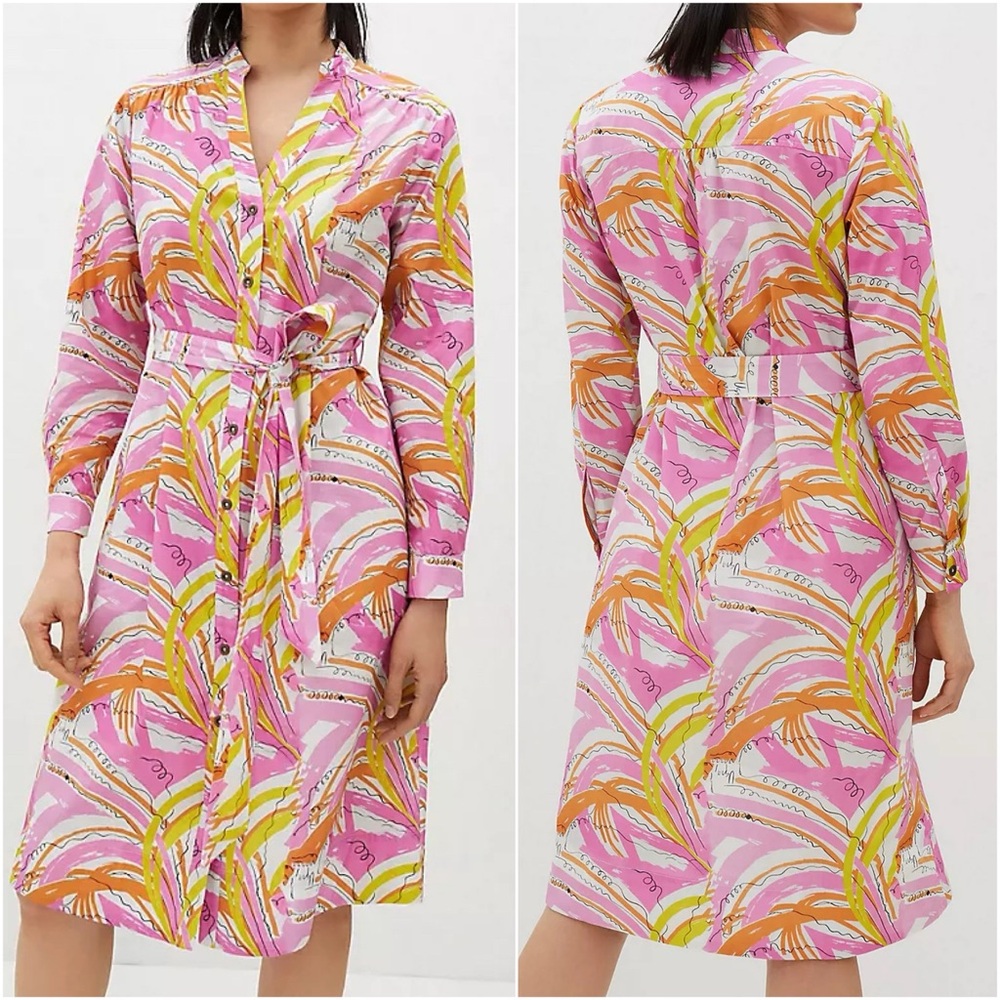 Anthropologie We Love Vera Confetti Pink & Yellow Print Belted Midi Shirt Dress